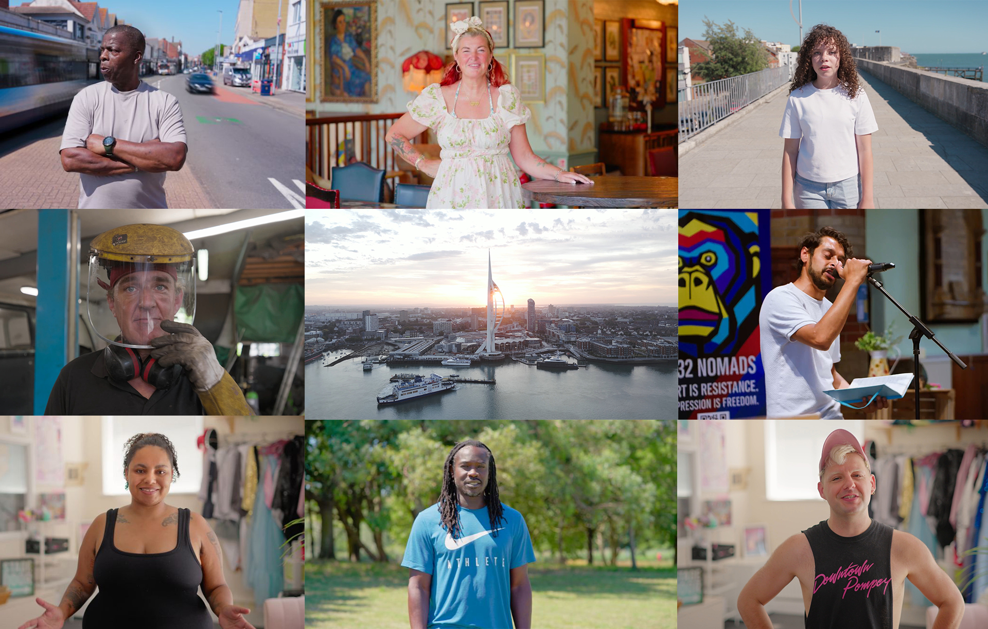 Montage of film shots of local Pompey people in locations throughout Portsmouth